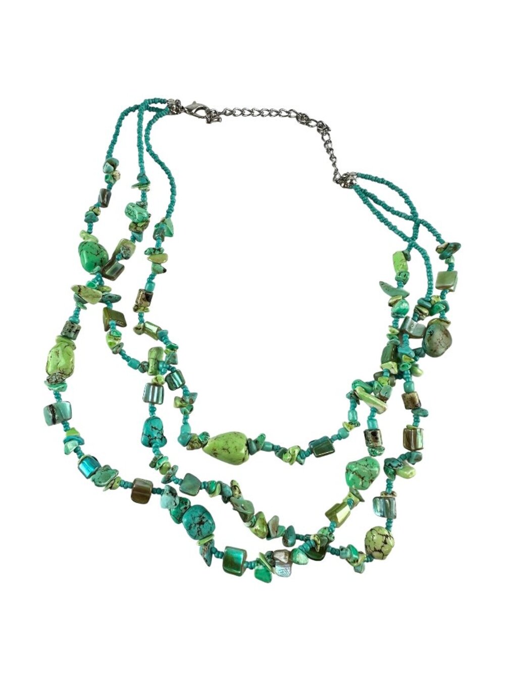 Triple Strand Necklace Green Turquoise Mother of Pearl Beads Silver Tone